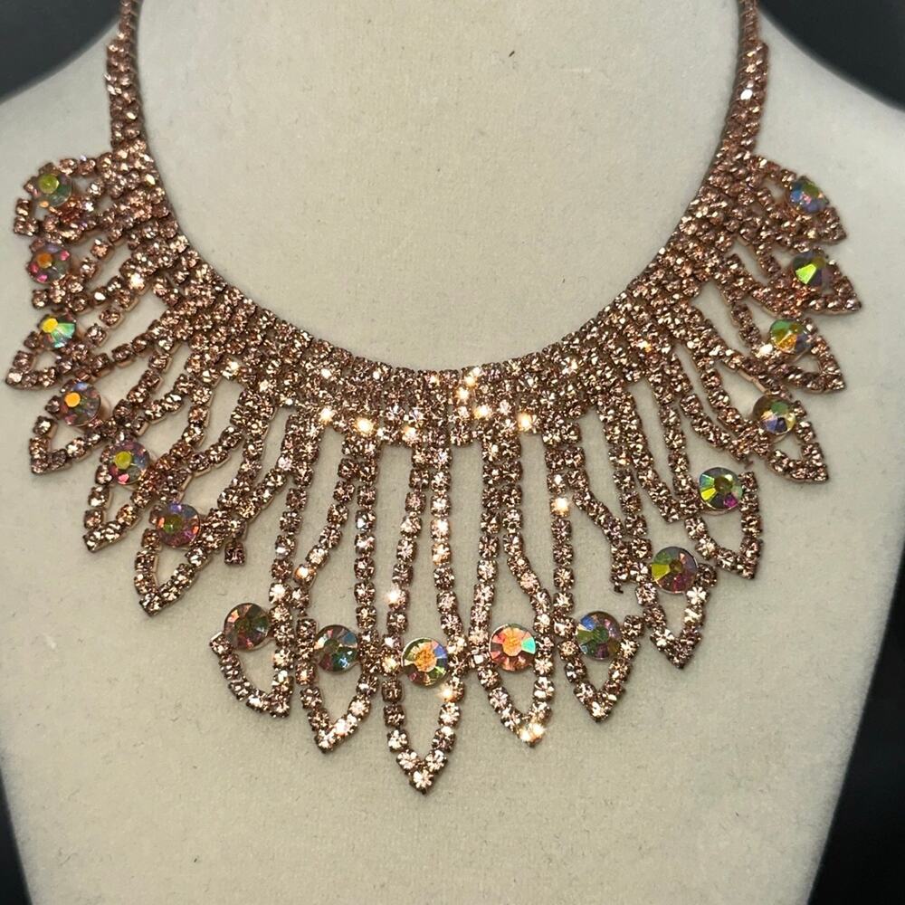 Gold Dressy Clear Rhinestone Bib Style Necklace Choker Prom Homecoming Formal